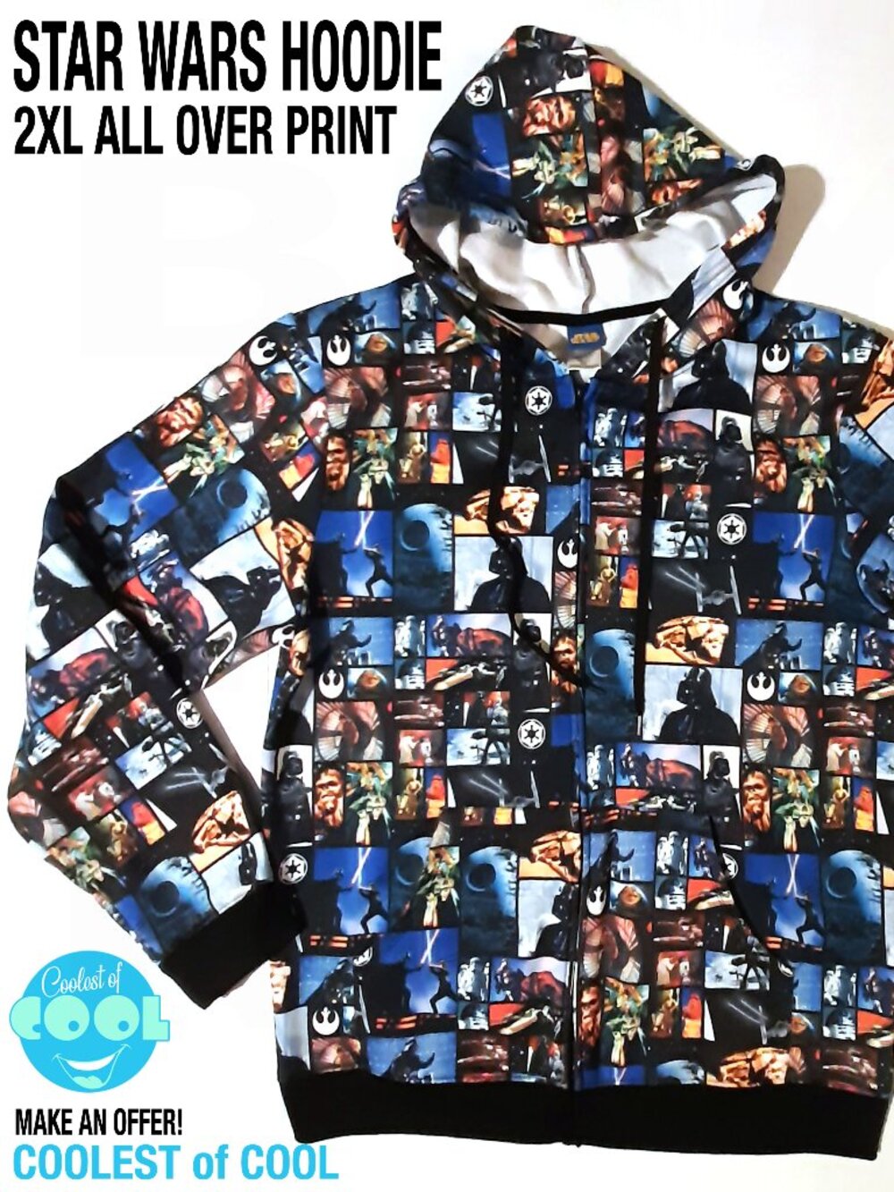 2XL Star Wars Hoodie All Over Print movie shots XXL jacket hooded full zip clean